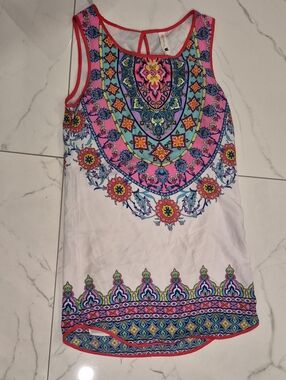 Pink Owl Pink, White & Blue Boho Printed Tank